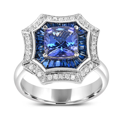 Cushion Tanzanite, Sapphire & 1/8 ct. tw. Diamond Octagon Halo Ring in 14K White Gold