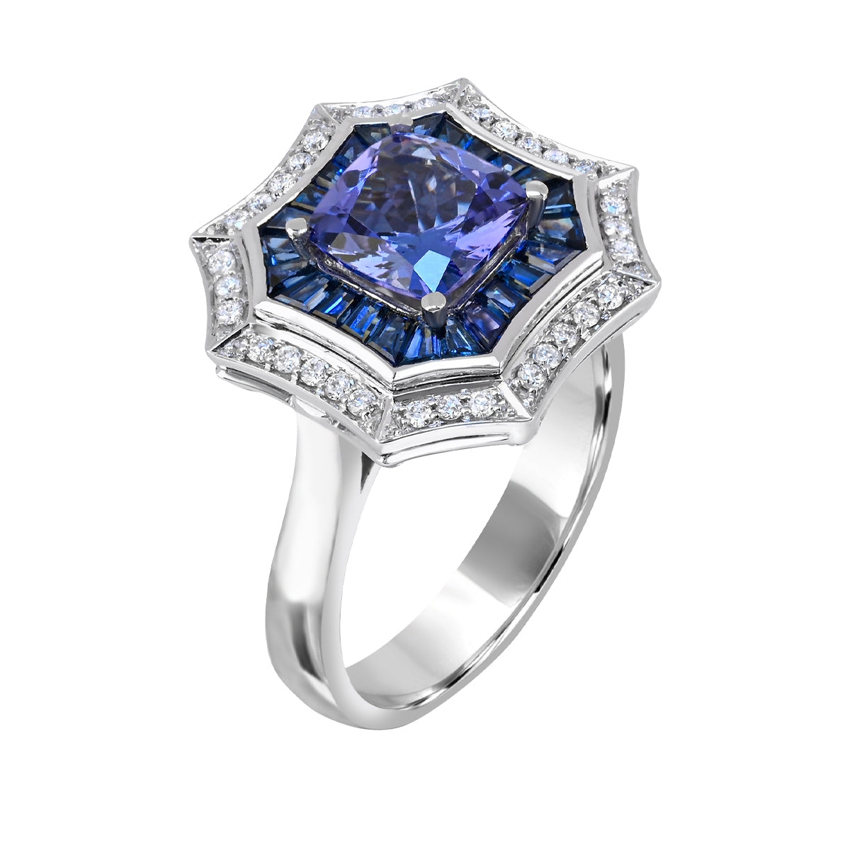 Cushion Tanzanite, Sapphire & 1/8 ct. tw. Diamond Octagon Halo Ring in 14K White Gold front view