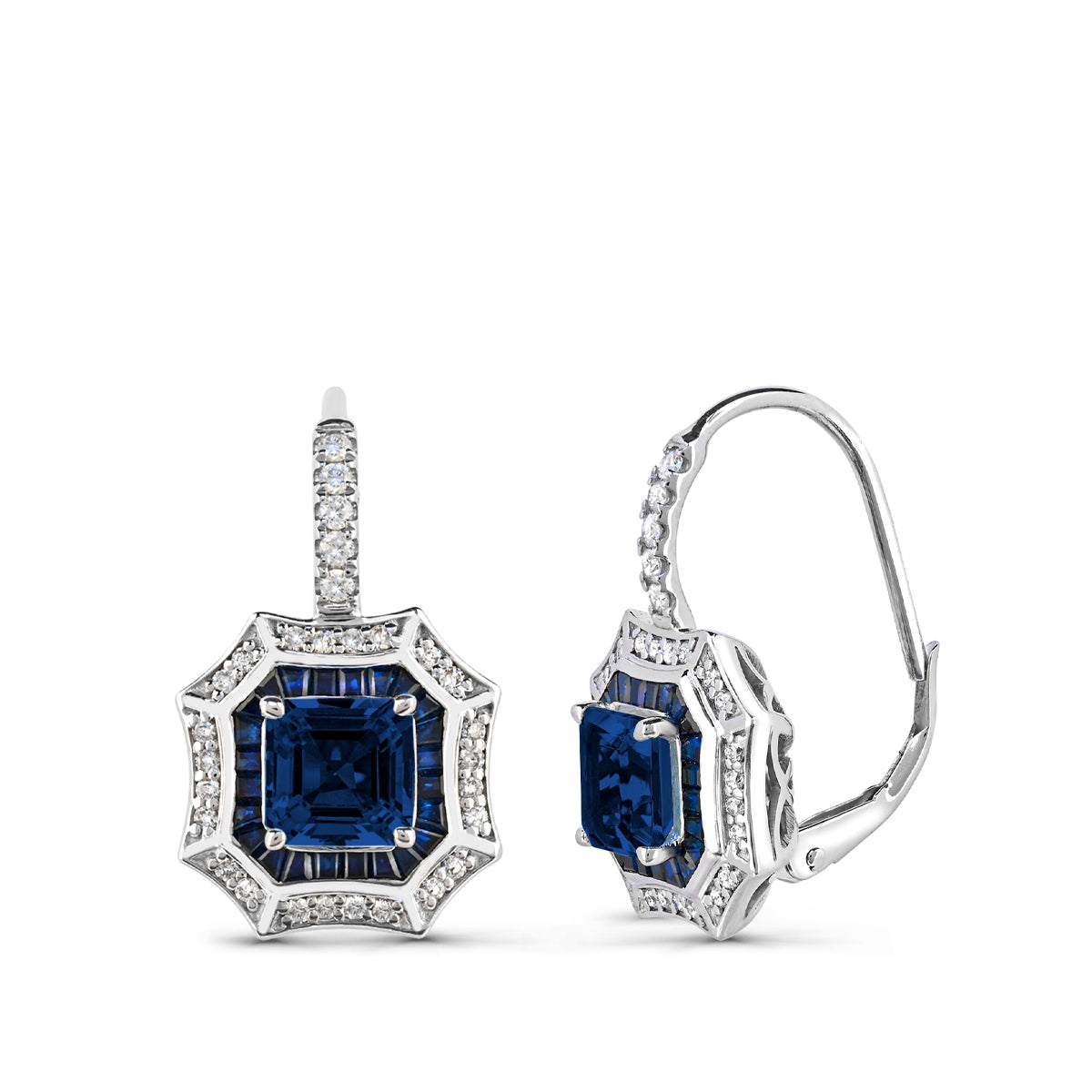 Cushion Ceylon Sapphire, Sapphire & 1/3 ct. tw. Diamond Octagon Halo Earrings in 14K White Gold