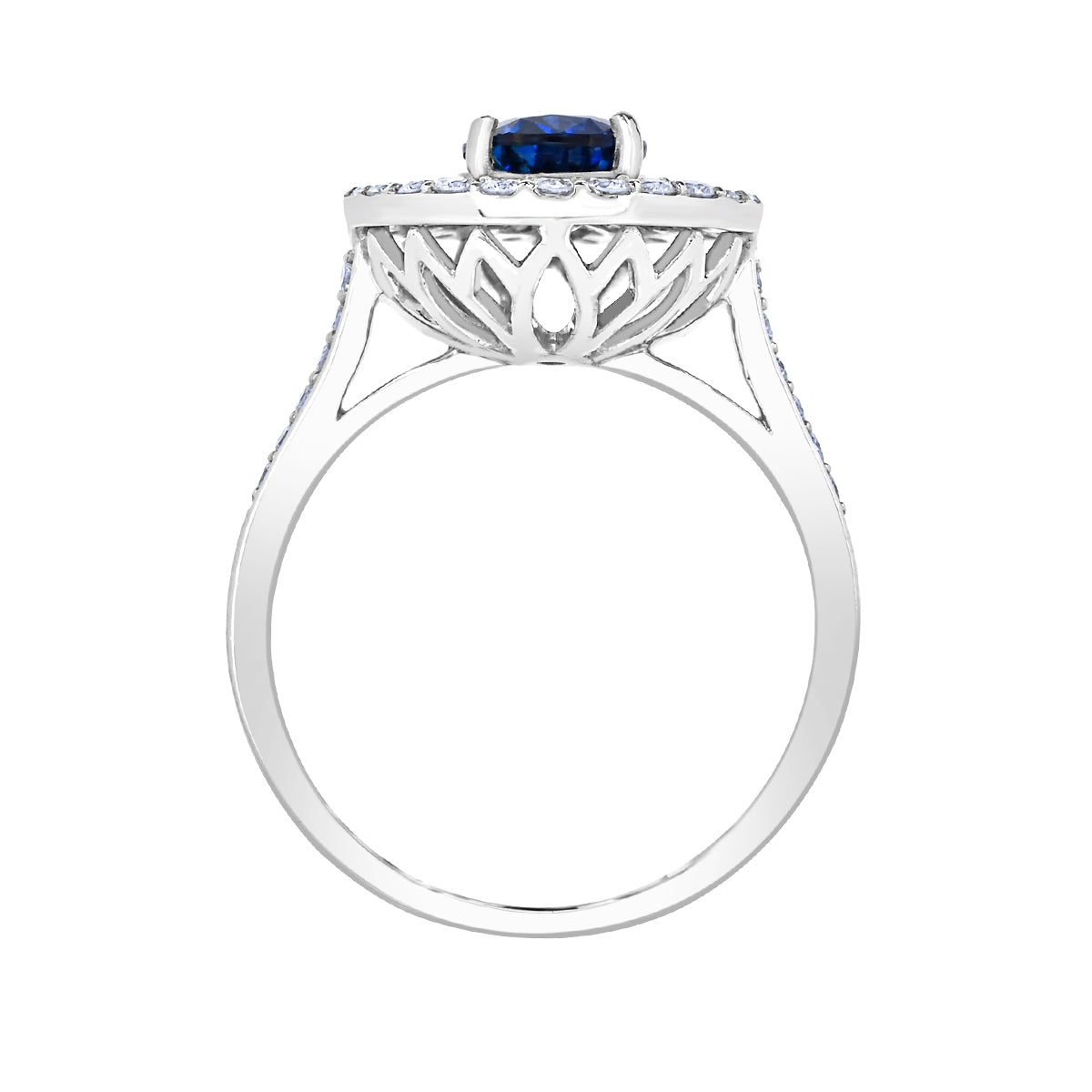 Pear Sapphire & 1/2 ct. tw. Diamond Halo Ring in 14K White Gold close-up detail