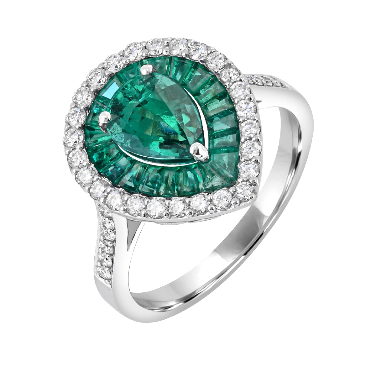 Pear Emerald & 1/2 ct. tw. Diamond Halo Ring in 14K White Gold front view