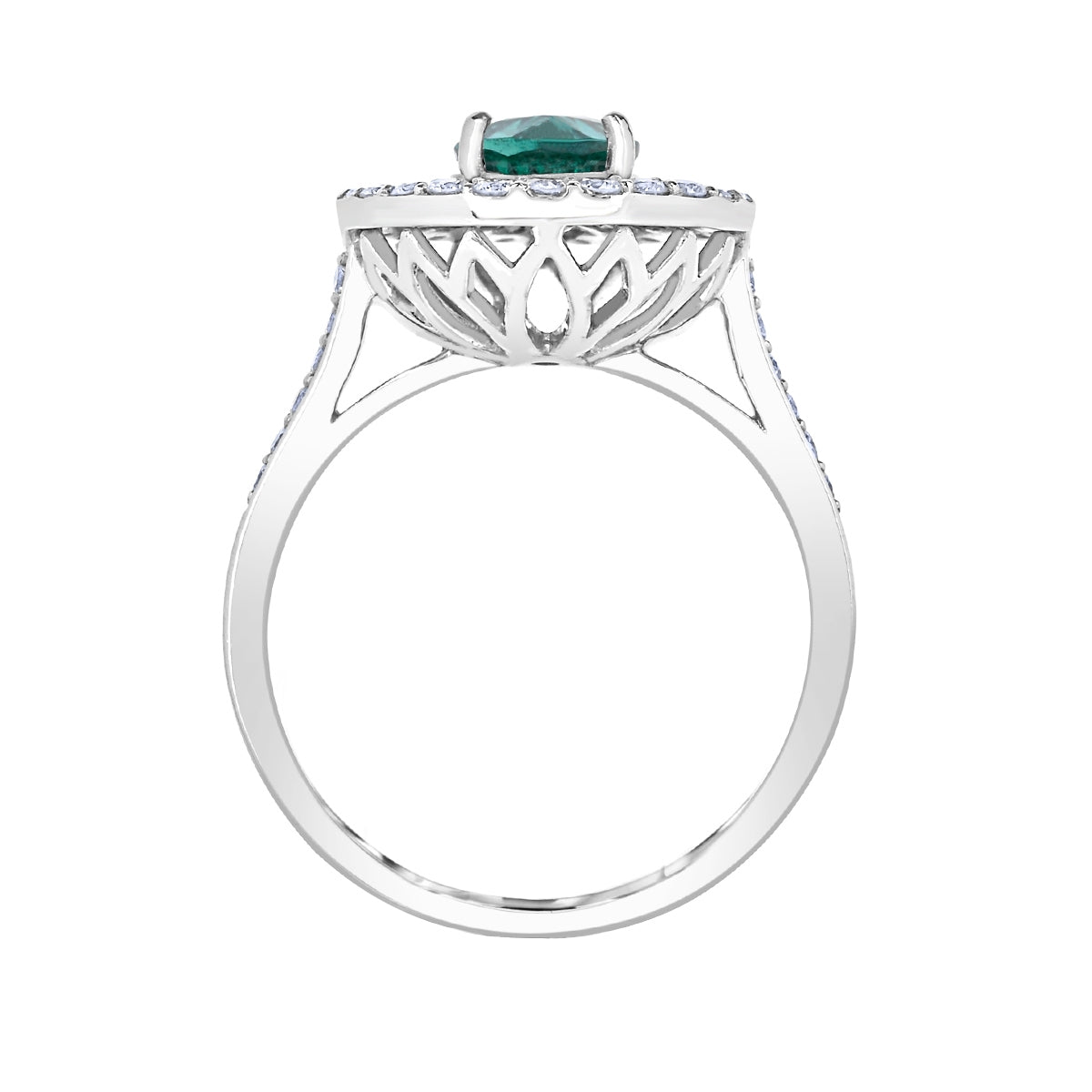 Pear Emerald & 1/2 ct. tw. Diamond Halo Ring in 14K White Gold close-up detail