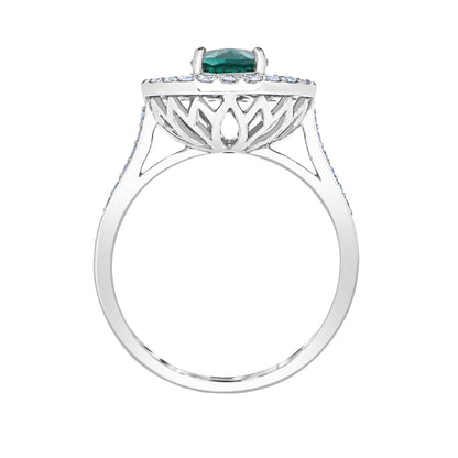 Pear Emerald & 1/2 ct. tw. Diamond Halo Ring in 14K White Gold close-up detail