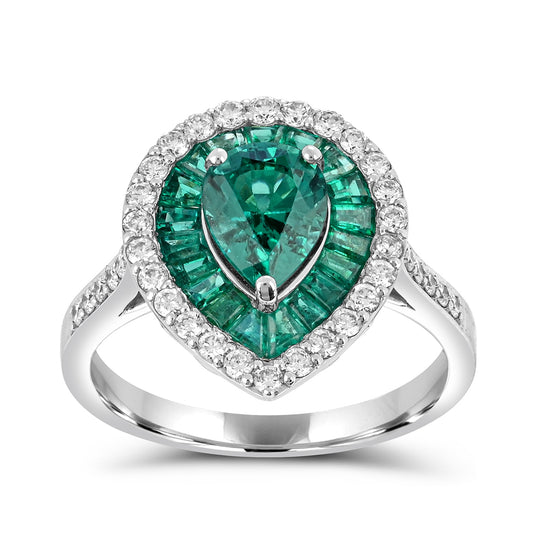 Pear Emerald & 1/2 ct. tw. Diamond Halo Ring in 14K White Gold