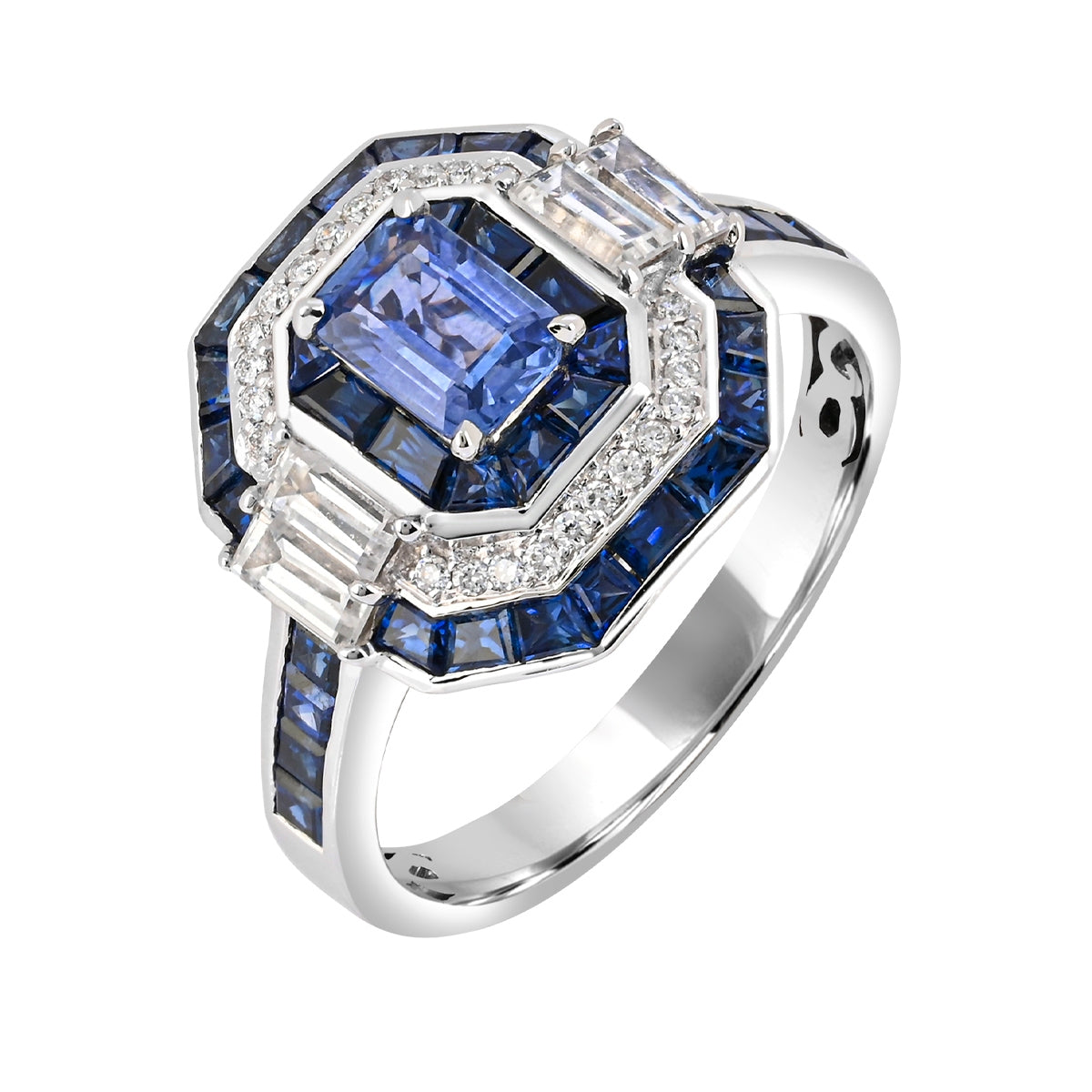 Emerald Cut Ceylon Sapphire & 1/10 ct. tw. Baguette & Round Diamond Octagon Ring in 14K White Gold front view