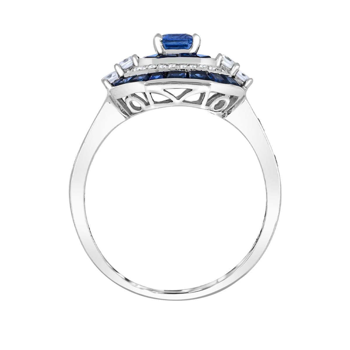 Emerald Cut Ceylon Sapphire & 1/10 ct. tw. Baguette & Round Diamond Octagon Ring in 14K White Gold close-up detail