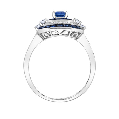 Emerald Cut Ceylon Sapphire & 1/10 ct. tw. Baguette & Round Diamond Octagon Ring in 14K White Gold close-up detail