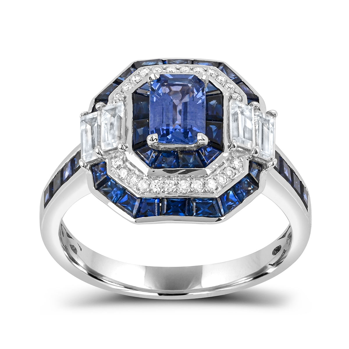 Emerald Cut Ceylon Sapphire & 1/10 ct. tw. Baguette & Round Diamond Octagon Ring in 14K White Gold