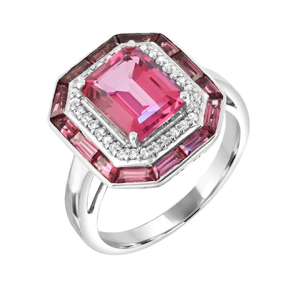Emerald Cut Pink Tourmaline, Rhodolite Garnet & 1/6 ct. tw. Diamond Octagon Halo Ring in Sterling Silver front view