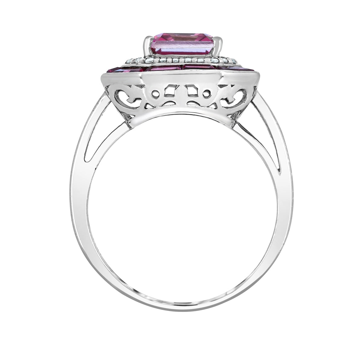 Emerald Cut Pink Tourmaline, Rhodolite Garnet & 1/6 ct. tw. Diamond Octagon Halo Ring in Sterling Silver close-up detail