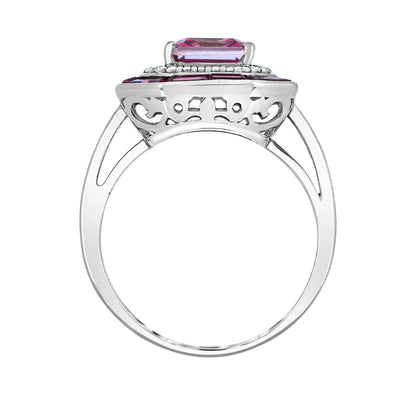 Emerald Cut Pink Tourmaline, Rhodolite Garnet & 1/6 ct. tw. Diamond Octagon Halo Ring in Sterling Silver close-up detail