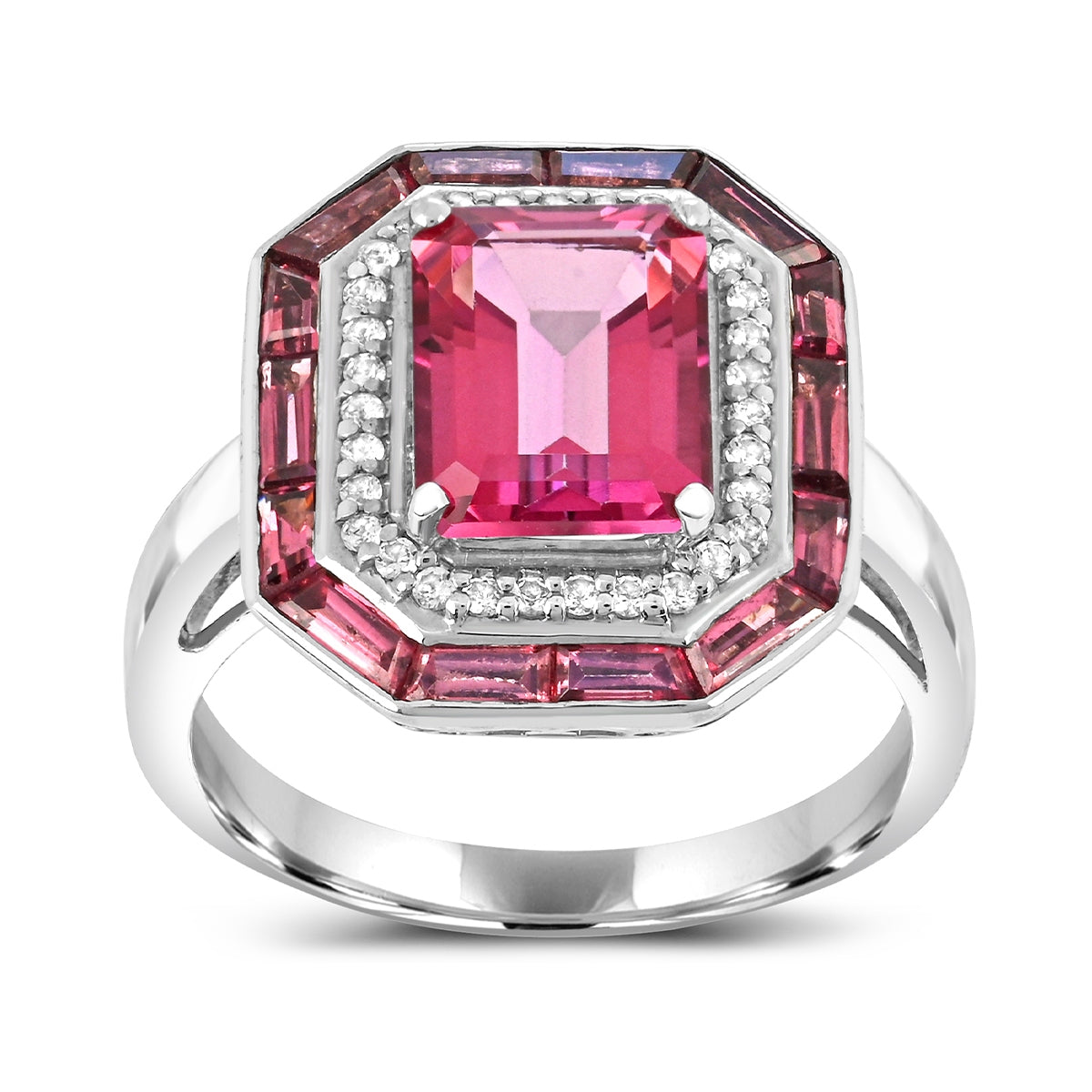Emerald Cut Pink Tourmaline, Rhodolite Garnet & 1/6 ct. tw. Diamond Octagon Halo Ring in Sterling Silver