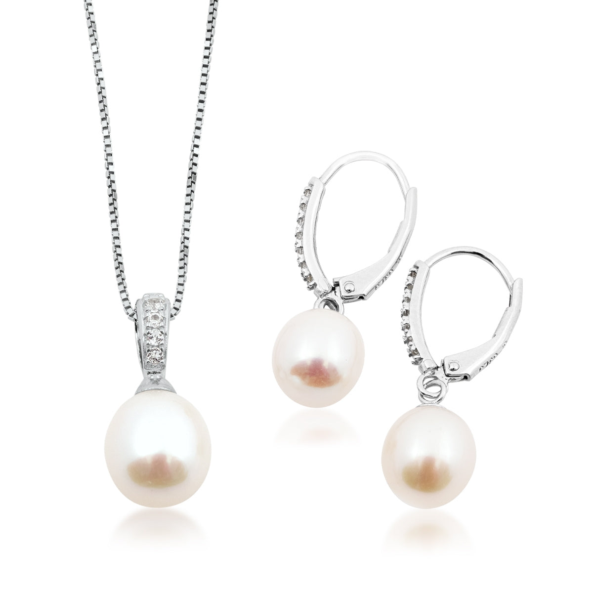 Cultured Drop Pearl & White Topaz Pendant & Earring Set in Sterling Silver