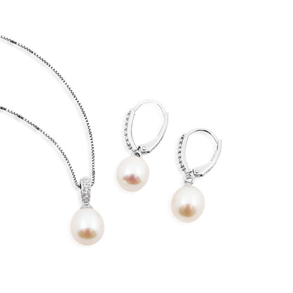 Cultured Drop Pearl & White Topaz Pendant & Earring Set in Sterling Silver close-up detail