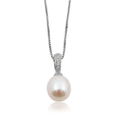 Cultured Drop Pearl & White Topaz Pendant & Earring Set in Sterling Silver front view