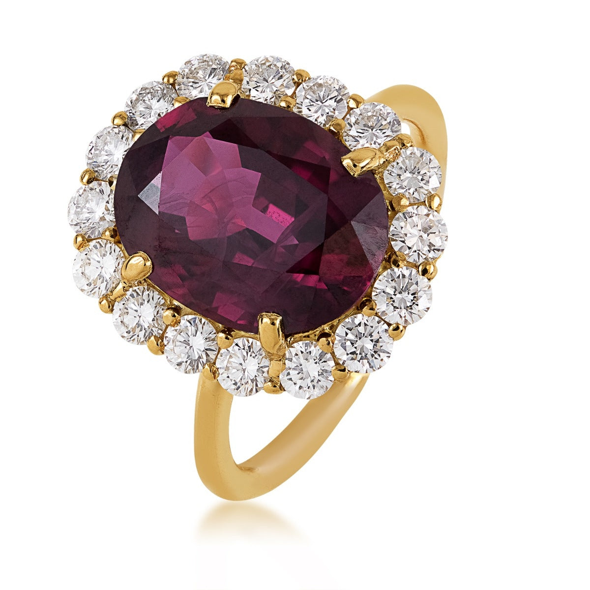 Oval Ruby & 7/8 ct. tw. Diamond Halo Ring in 18K Yellow Gold front view