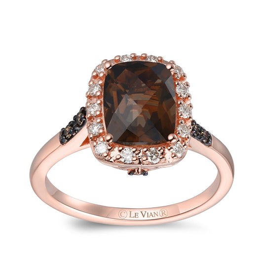 Le Vian Chocolate Quartz & 1/4 ct. tw. Chocolate & Vanilla Diamond Halo Ring in 14K Strawberry Gold