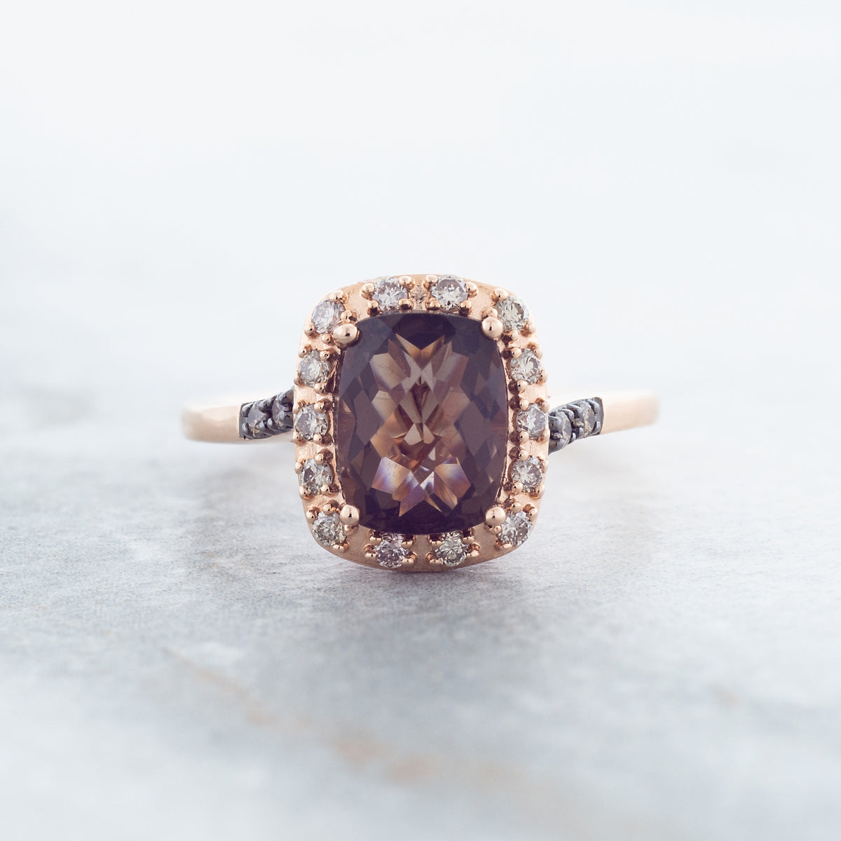 Le Vian Chocolate Quartz & 1/4 ct. tw. Chocolate & Vanilla Diamond Halo Ring in 14K Strawberry Gold front view