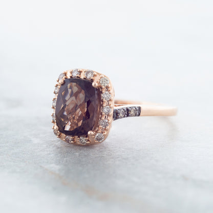 Le Vian Chocolate Quartz & 1/4 ct. tw. Chocolate & Vanilla Diamond Halo Ring in 14K Strawberry Gold close-up detail