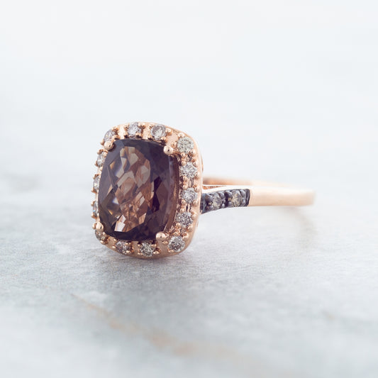 Le Vian Chocolate Quartz & 1/4 ct. tw. Chocolate & Vanilla Diamond Halo Ring in 14K Strawberry Gold close-up detail