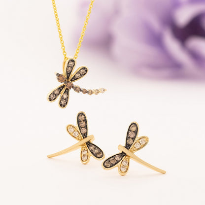 Le Vian 1/5 ct. tw. Chocolate & Vanilla Diamond Dragonfly Earrings in 14K Honey Gold front view