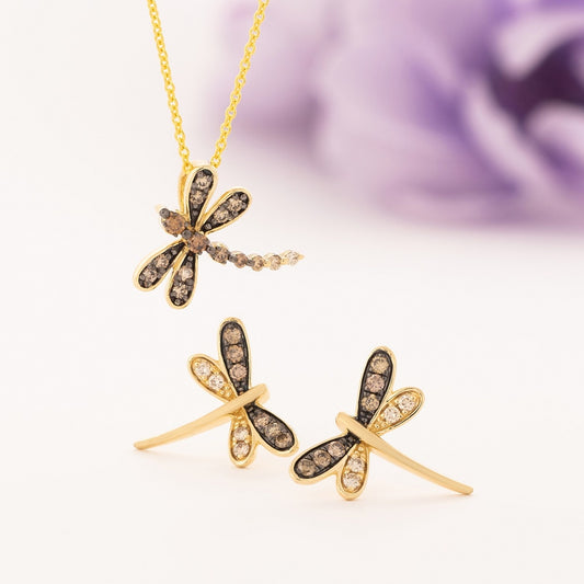 Le Vian 1/5 ct. tw. Chocolate & Vanilla Diamond Dragonfly Earrings in 14K Honey Gold front view