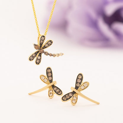 Le Vian 1/7 ct. tw. Chocolate, Nude & Vanilla Diamond Dragonfly Pendant in 14K Honey Gold close-up detail
