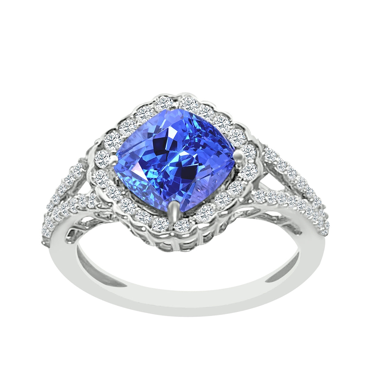 Cushion Tanzanite & 1/2 ct. tw. Diamond Halo Ring with Split Shank in 14K White Gold