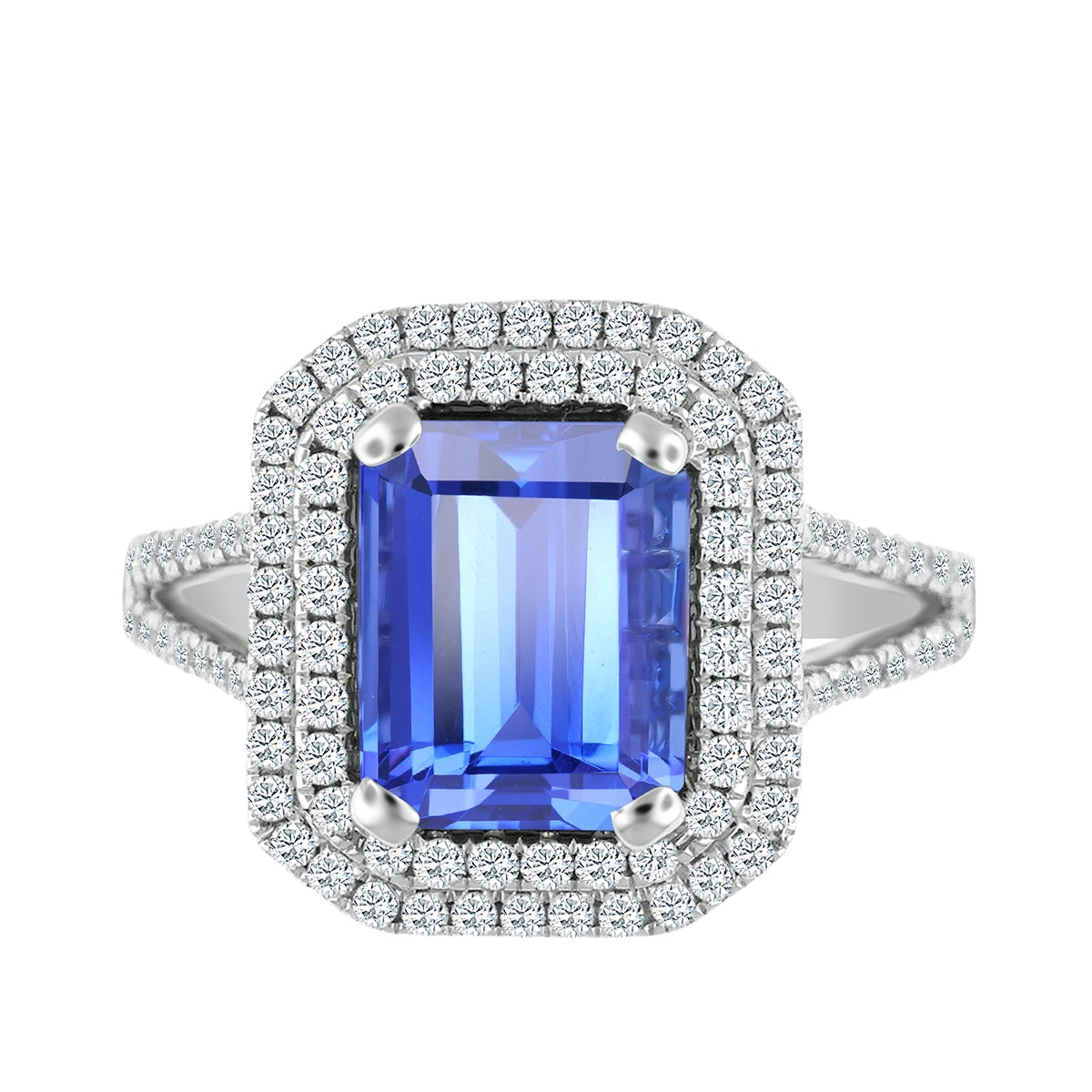 Emerald Cut Tanzanite & 5/8 ct. tw. Diamond Double Halo Ring with Split Shank in 14K White Gold