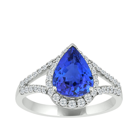 Pear Tanzanite & 1/3 ct. tw. Diamond Halo Split Shank Ring in 14K White Gold