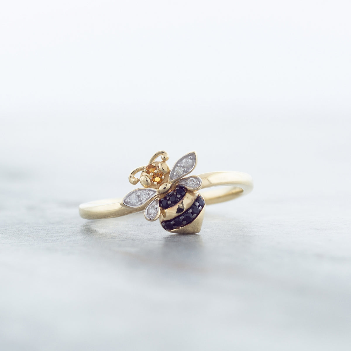 Citrine, Black Sapphire & Diamond Accent Bee Ring in 10K Yellow Gold side profile