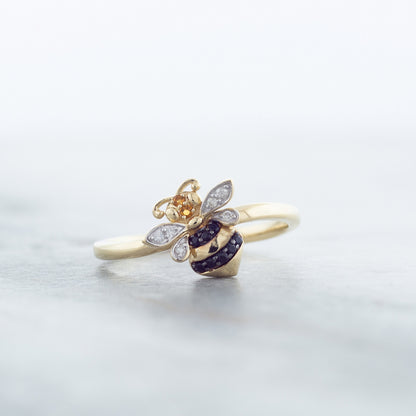 Citrine, Black Sapphire & Diamond Accent Bee Ring in 10K Yellow Gold side profile