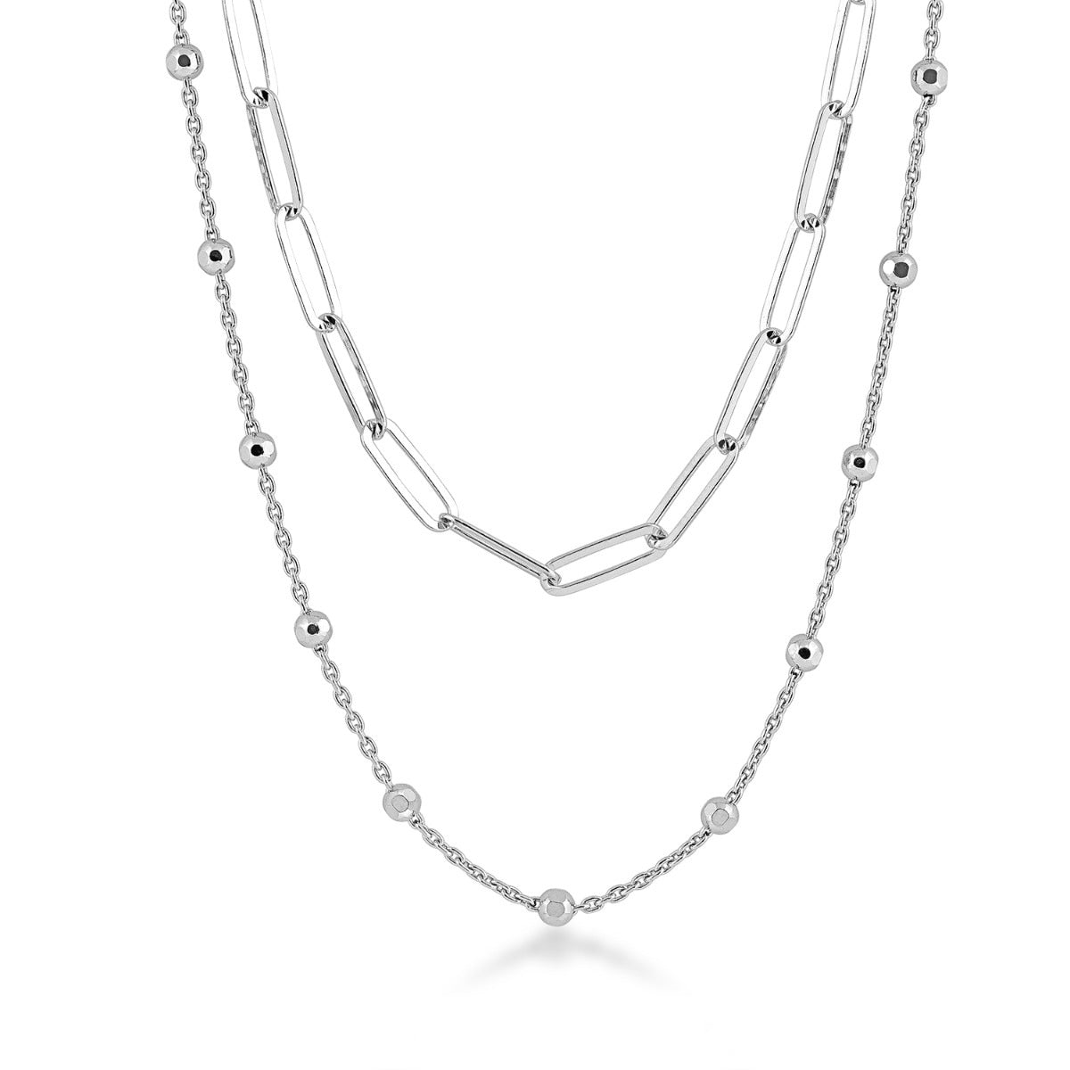 Paperclip & Cable Chain Station Layered Necklace in Sterling Silver