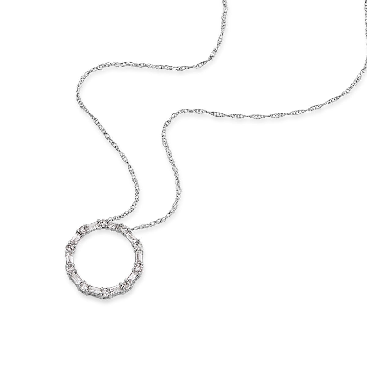 1/4 ct. tw. Round & Baguette Diamond Circle Pendant in 10K White Gold front view