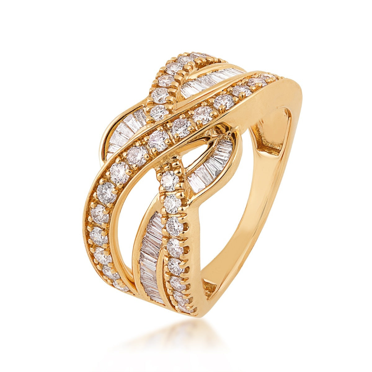 1 ct. tw. Round & Baguette Diamond Crossover Ring in 10K Yellow Gold front view