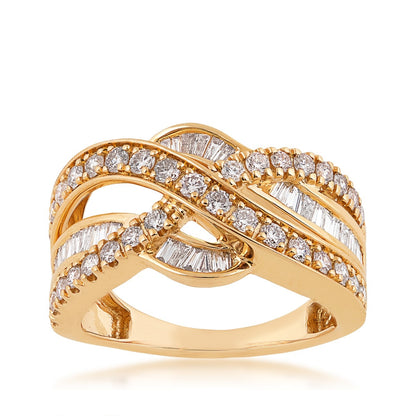1 ct. tw. Round & Baguette Diamond Crossover Ring in 10K Yellow Gold