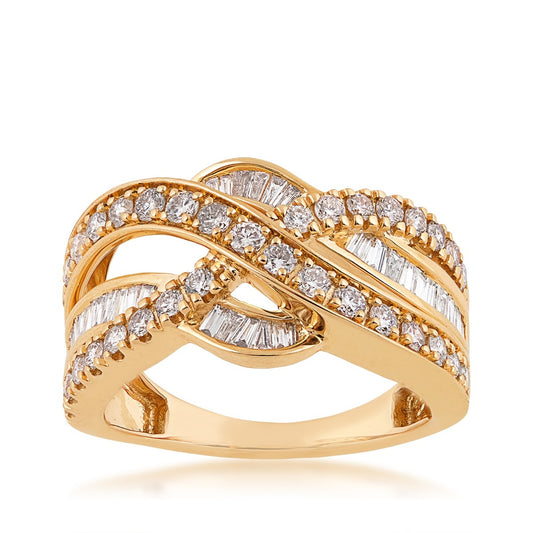 1 ct. tw. Round & Baguette Diamond Crossover Ring in 10K Yellow Gold