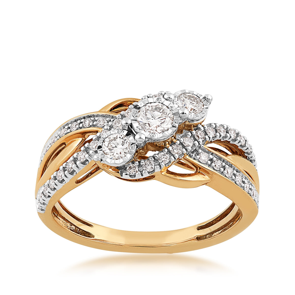 1/2 ct. tw. Diamond 3-Stone Bypass Ring with Miracle Plates in 10K Yellow Gold