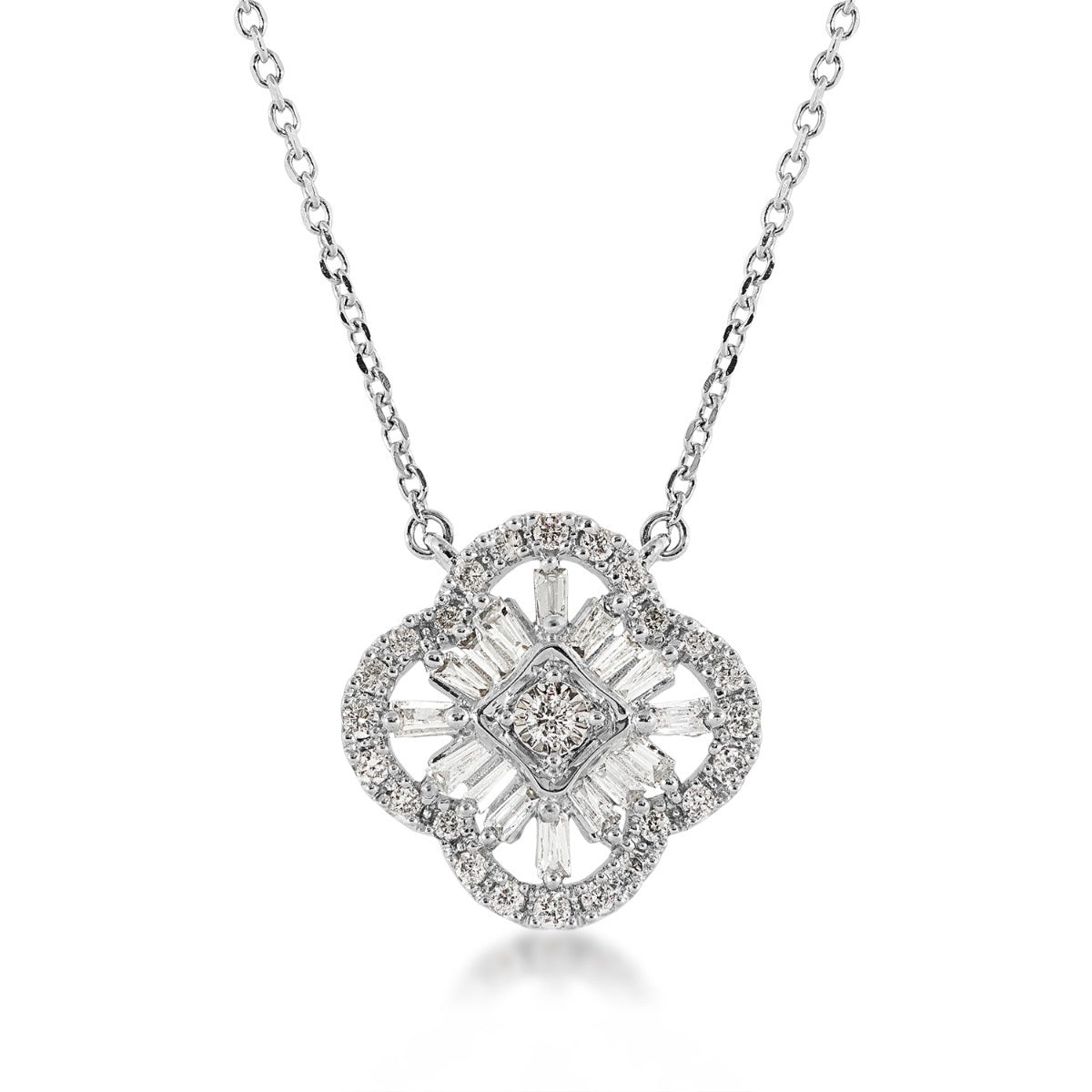 Fairytale Diamonds 1/4 ct. tw. Round & Baguette Diamond Quatrefoil Necklace in 10K White Gold