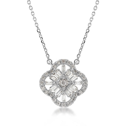 Fairytale Diamonds 1/4 ct. tw. Round & Baguette Diamond Quatrefoil Necklace in 10K White Gold