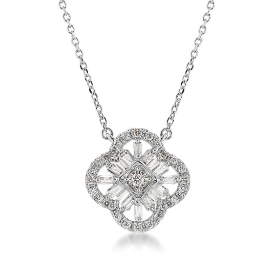 Fairytale Diamonds 1/4 ct. tw. Round & Baguette Diamond Quatrefoil Necklace in 10K White Gold