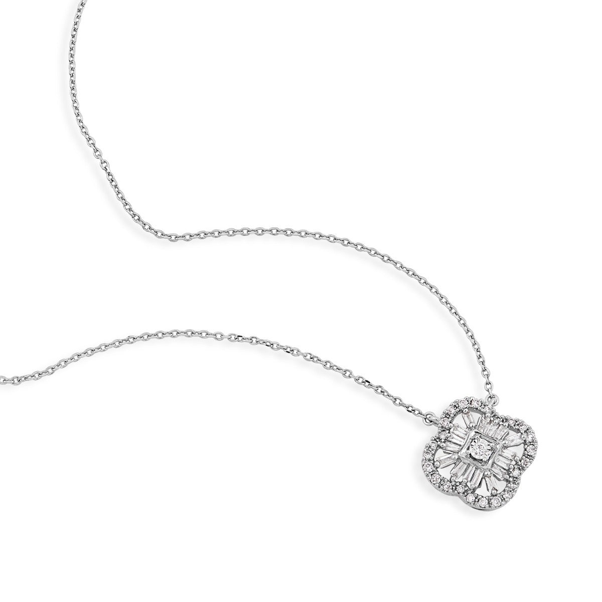 Fairytale Diamonds 1/4 ct. tw. Round & Baguette Diamond Quatrefoil Necklace in 10K White Gold front view