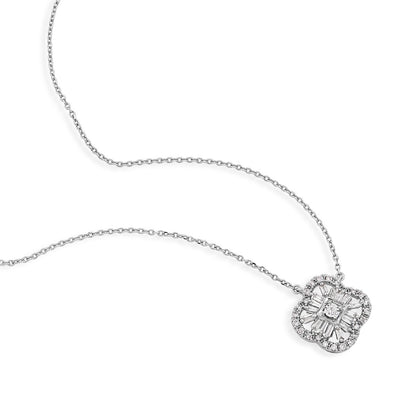 Fairytale Diamonds 1/4 ct. tw. Round & Baguette Diamond Quatrefoil Necklace in 10K White Gold front view