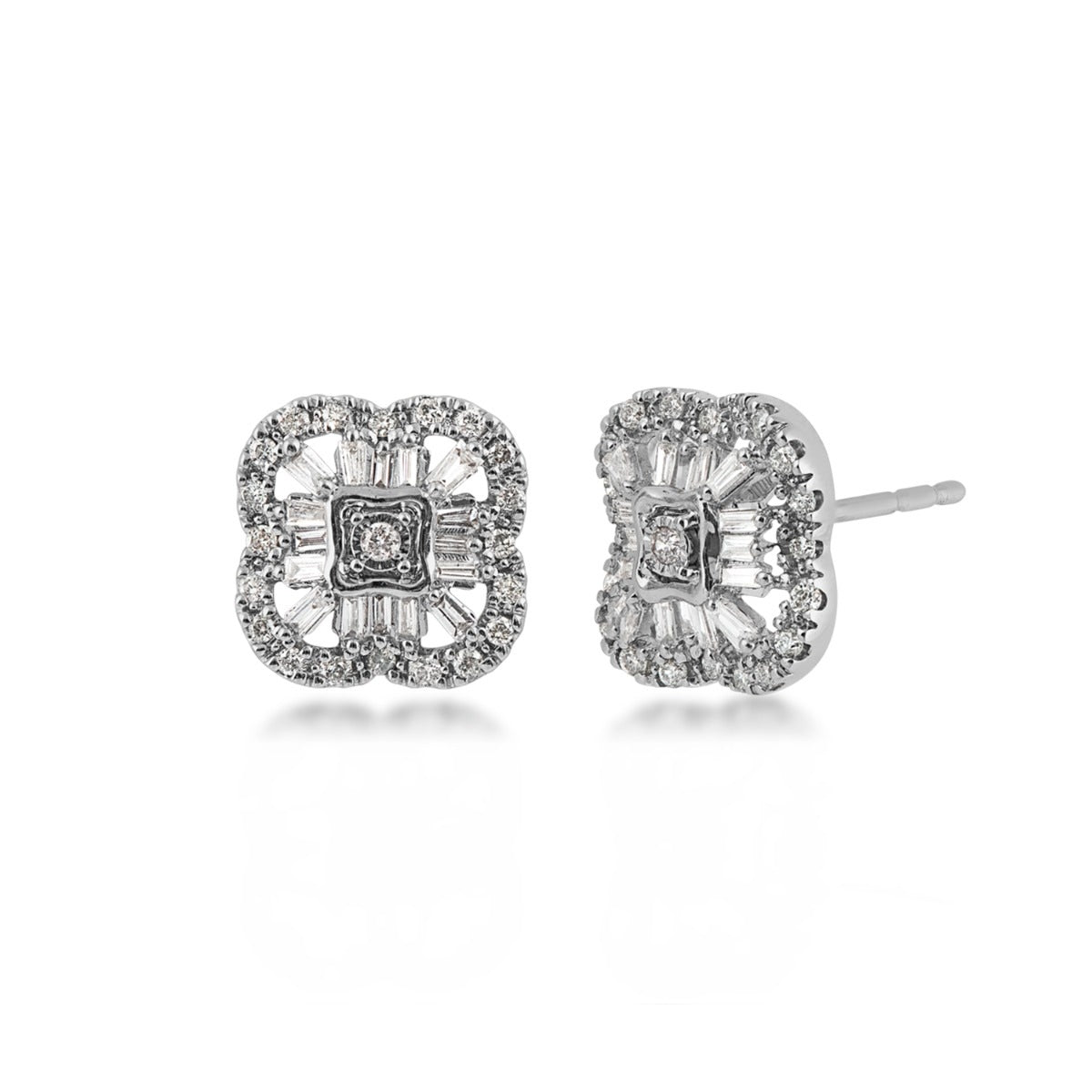 Fairytale Diamonds 1/3 ct. tw. Round & Baguette Diamond Quatrefoil Earrings in 10K White Gold