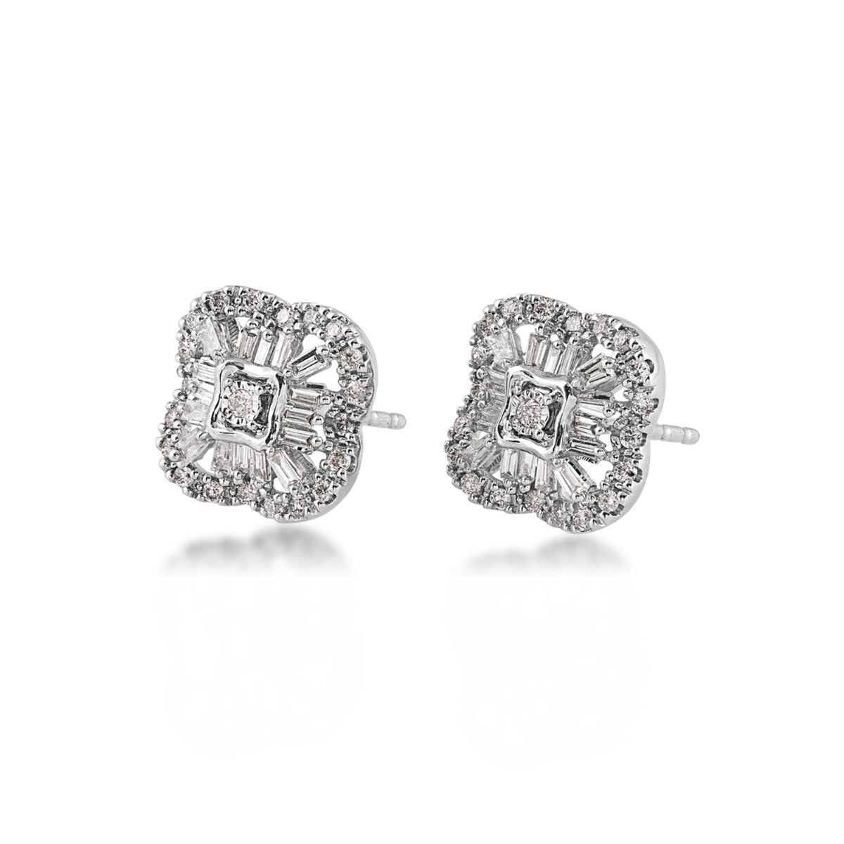 Fairytale Diamonds 1/3 ct. tw. Round & Baguette Diamond Quatrefoil Earrings in 10K White Gold front view
