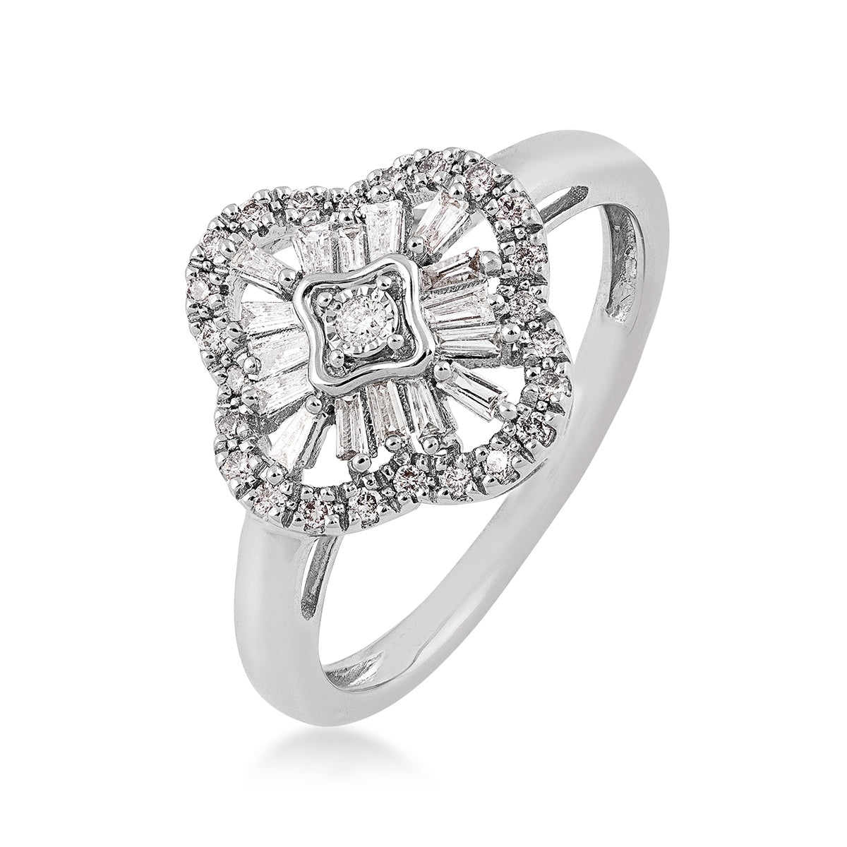 Fairytale Diamonds 1/4 ct. tw. Round & Baguette Diamond Quatrefoil Ring in 10K White Gold front view