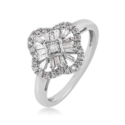 Fairytale Diamonds 1/4 ct. tw. Round & Baguette Diamond Quatrefoil Ring in 10K White Gold front view