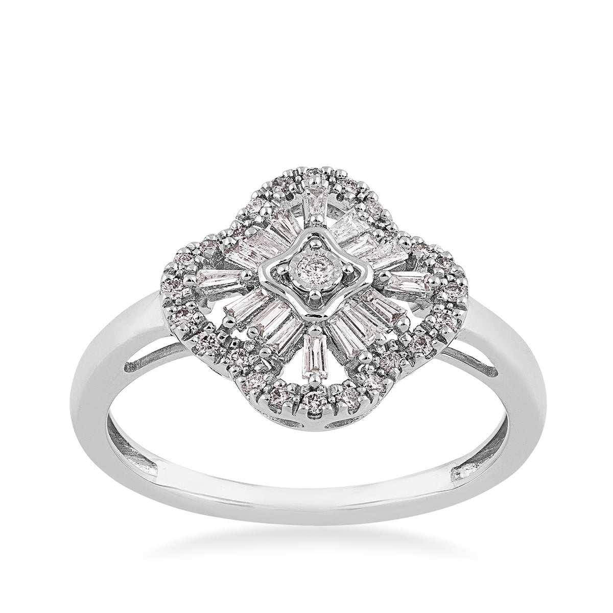 Fairytale Diamonds 1/4 ct. tw. Round & Baguette Diamond Quatrefoil Ring in 10K White Gold