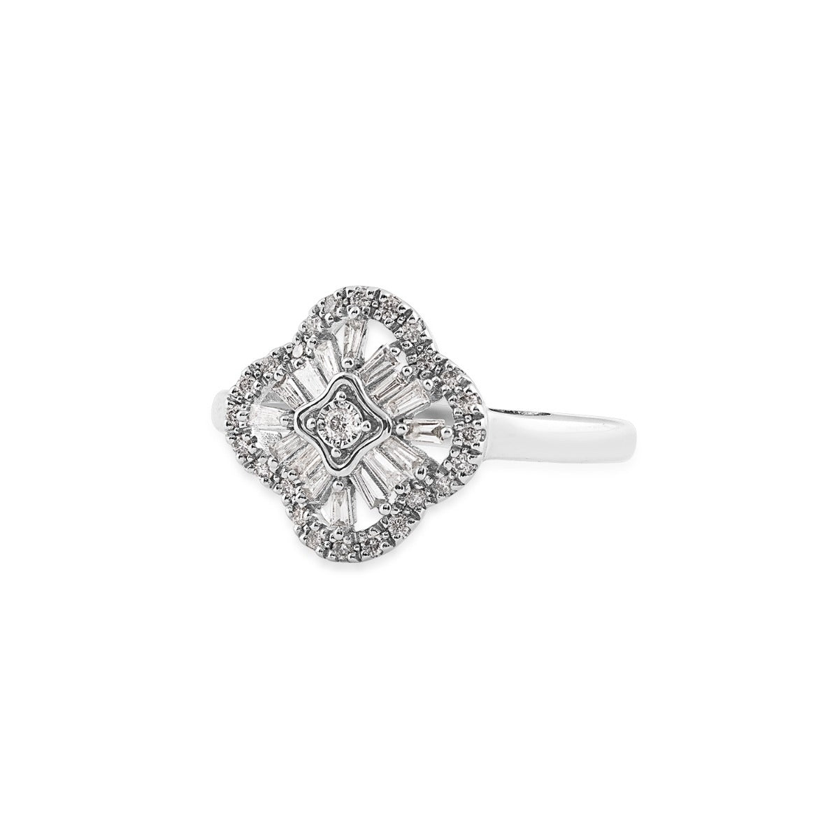 Fairytale Diamonds 1/4 ct. tw. Round & Baguette Diamond Quatrefoil Ring in 10K White Gold close-up detail