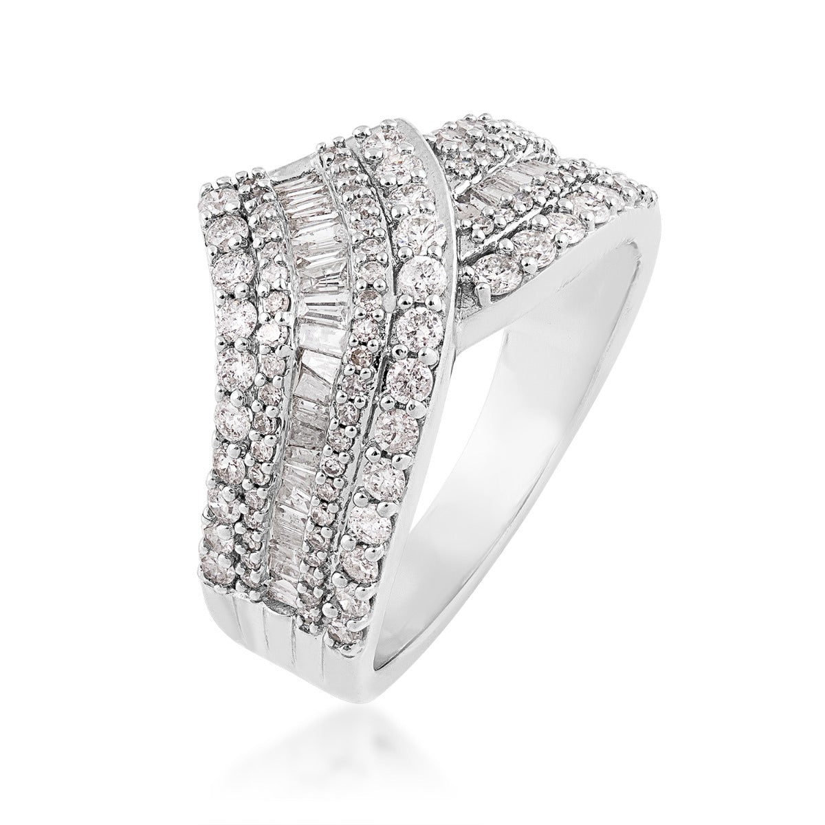 1 ct. tw. Round & Baguette Diamond Multirow Chevron Crossover Ring in 10K White Gold front view